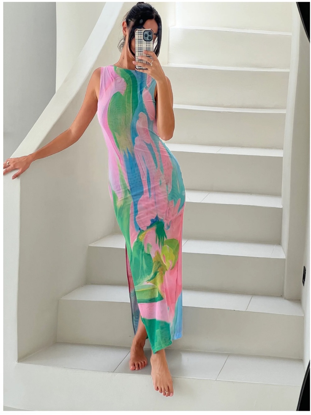 Commense Multicolor Abstract Print Maxi Dress in Pink, Green, Blue
